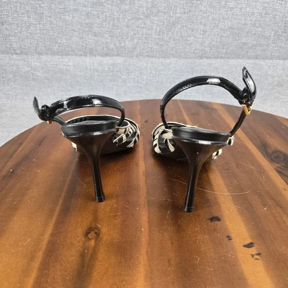 Calvin Klein Zebra Print Strappy Sandals Gold Square Toe Stiletto Heels 34E00014